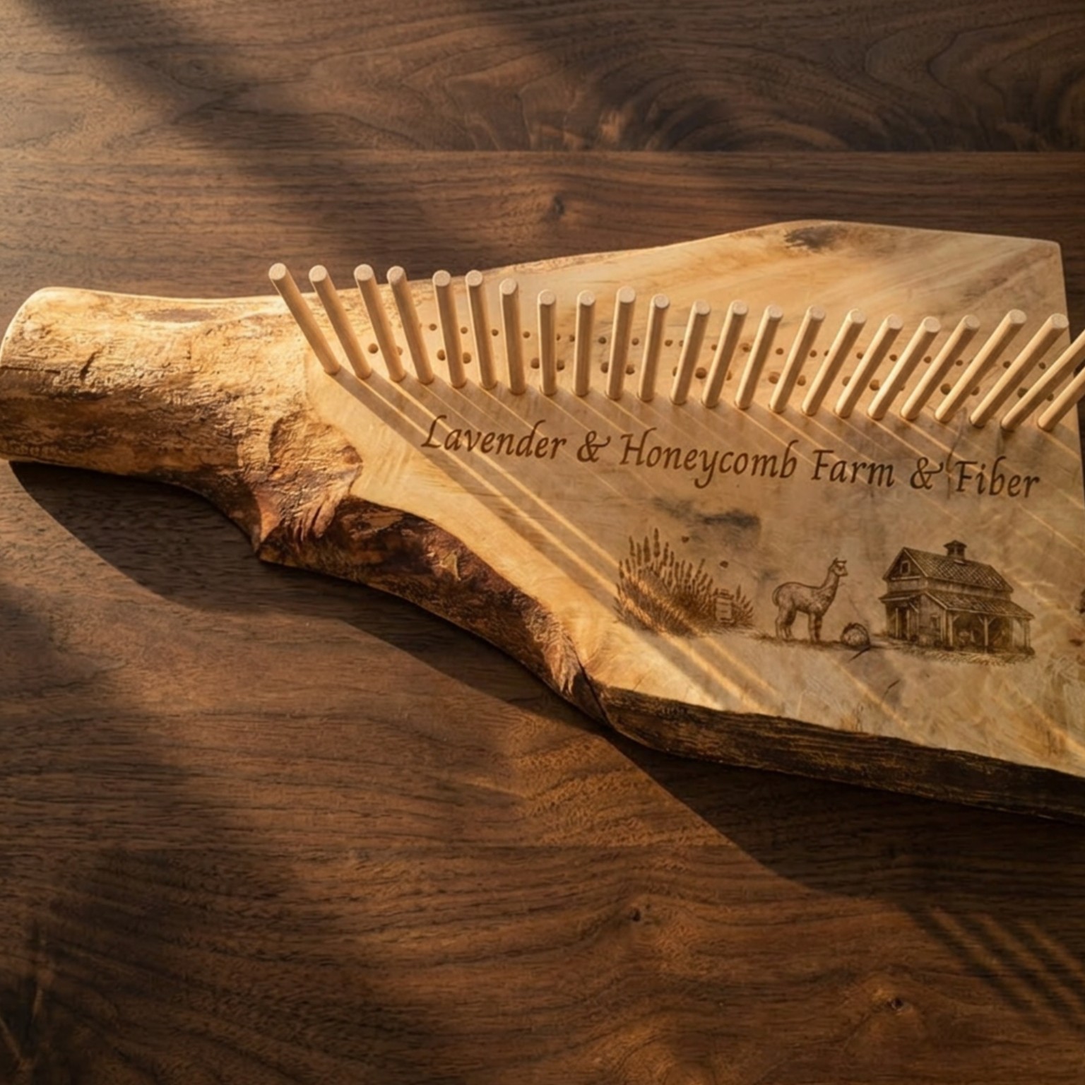 Wooden fiber comb with Lavender & Honeycomb Farm & Fiber business engraving
