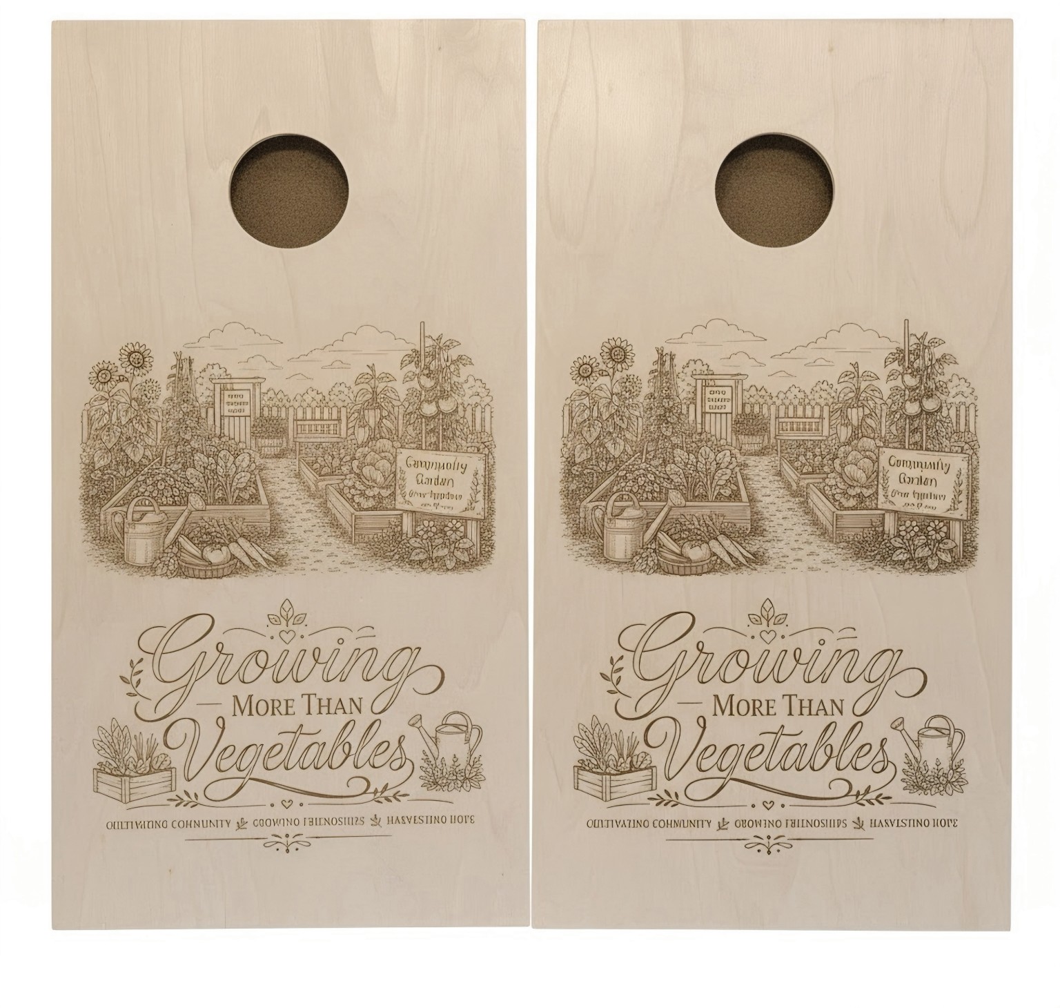 Two wooden cornhole boards with garden engraving and Growing More Than Vegetables lettering