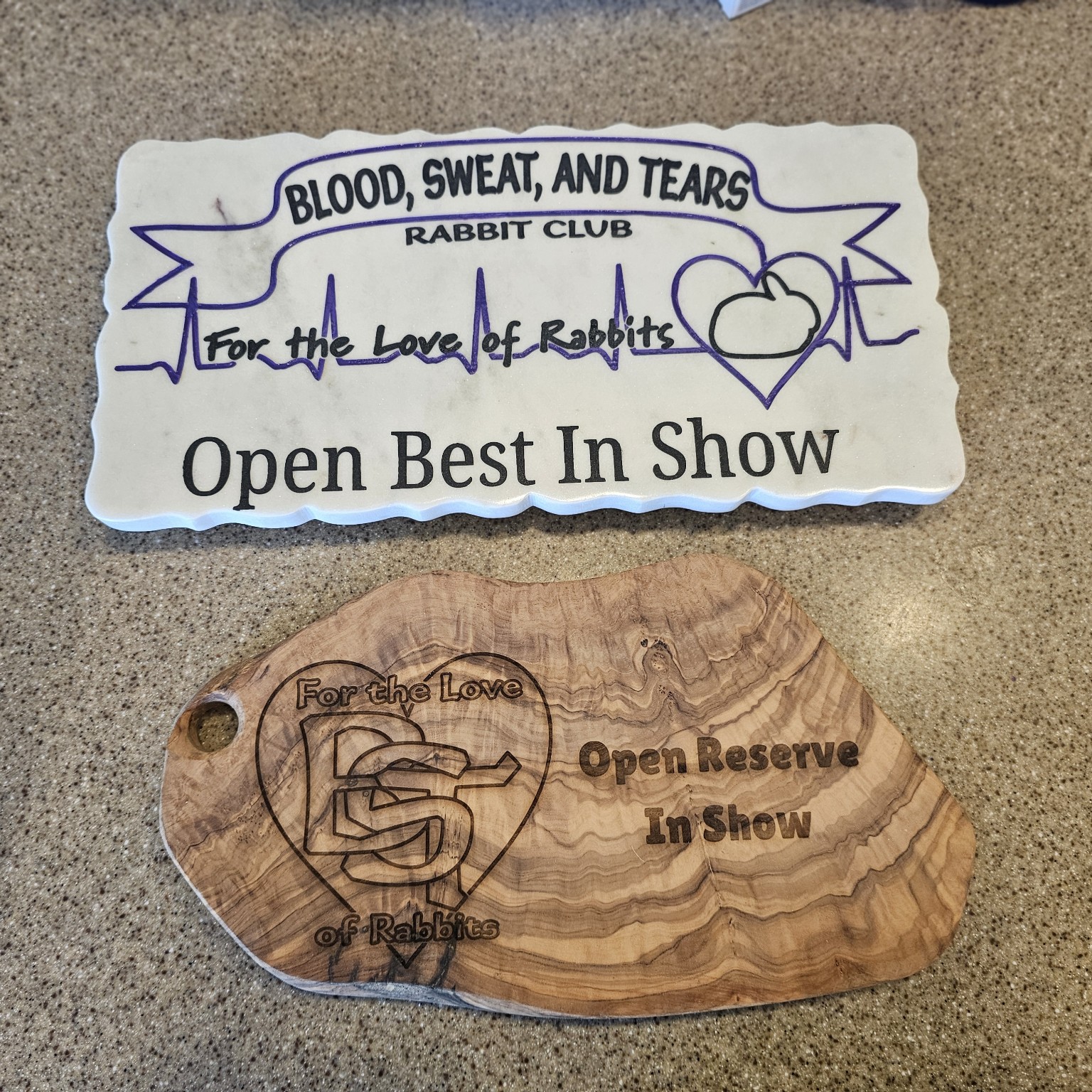 White Open Best In Show award with purple club artwork and wood Open Reserve In Show award