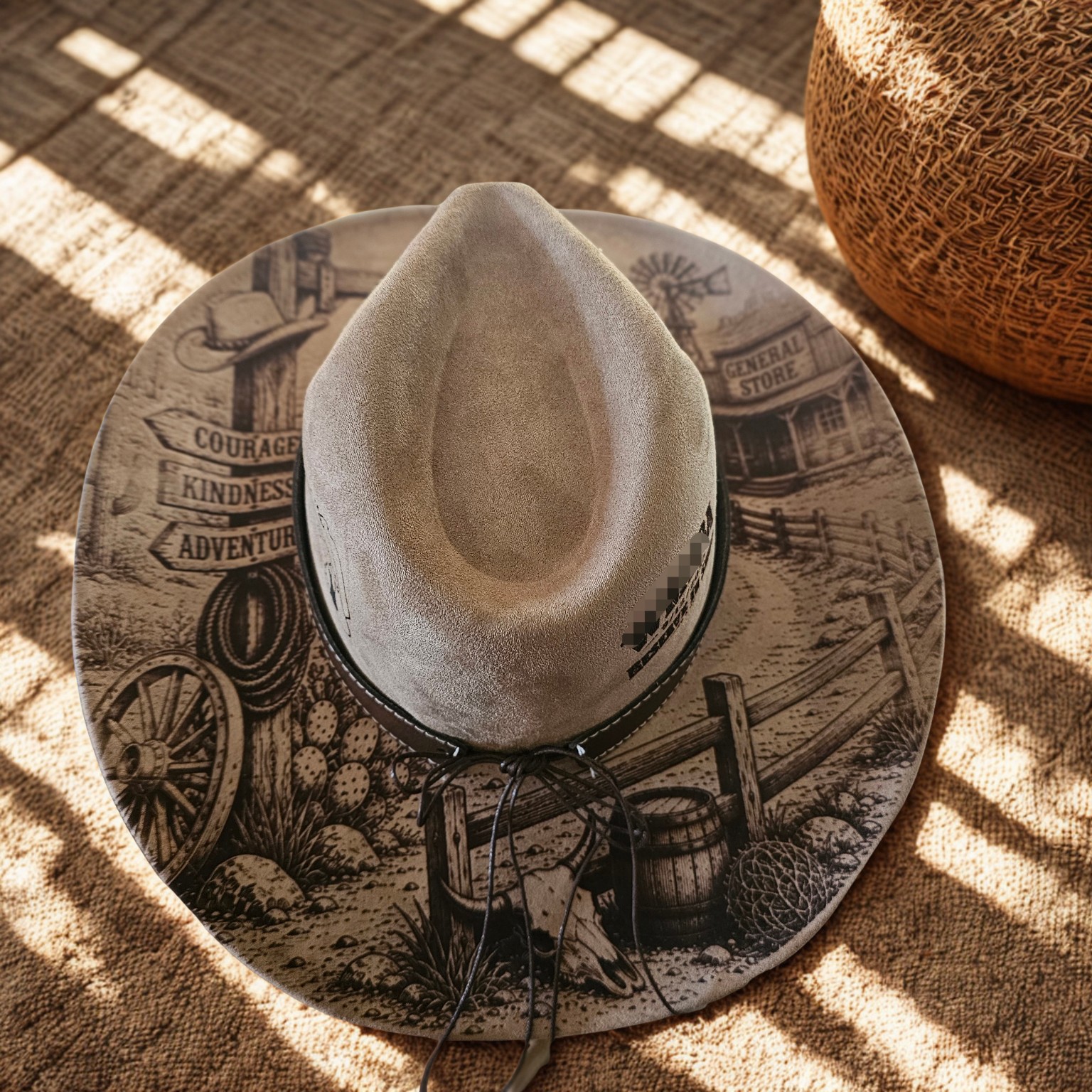 Western hat with engraved desert buildings, cacti, wagon wheel, and rope details; original obscured detail preserved